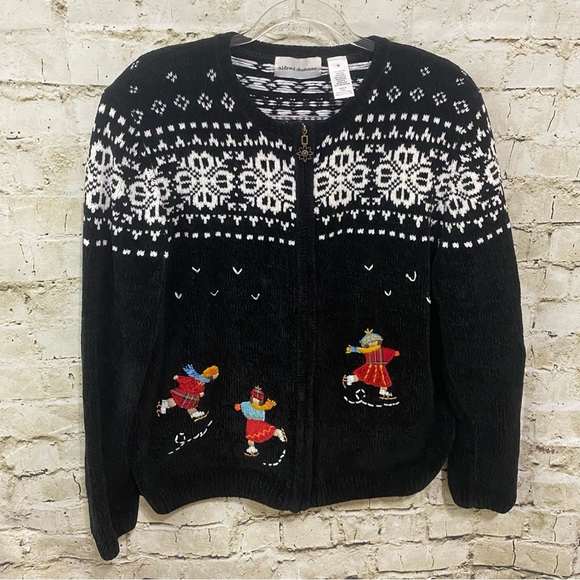 Vtg Alfred Dinner Black Chenille Snowflake Ice Skating Zip Up Sweater - Picture 1 of 7